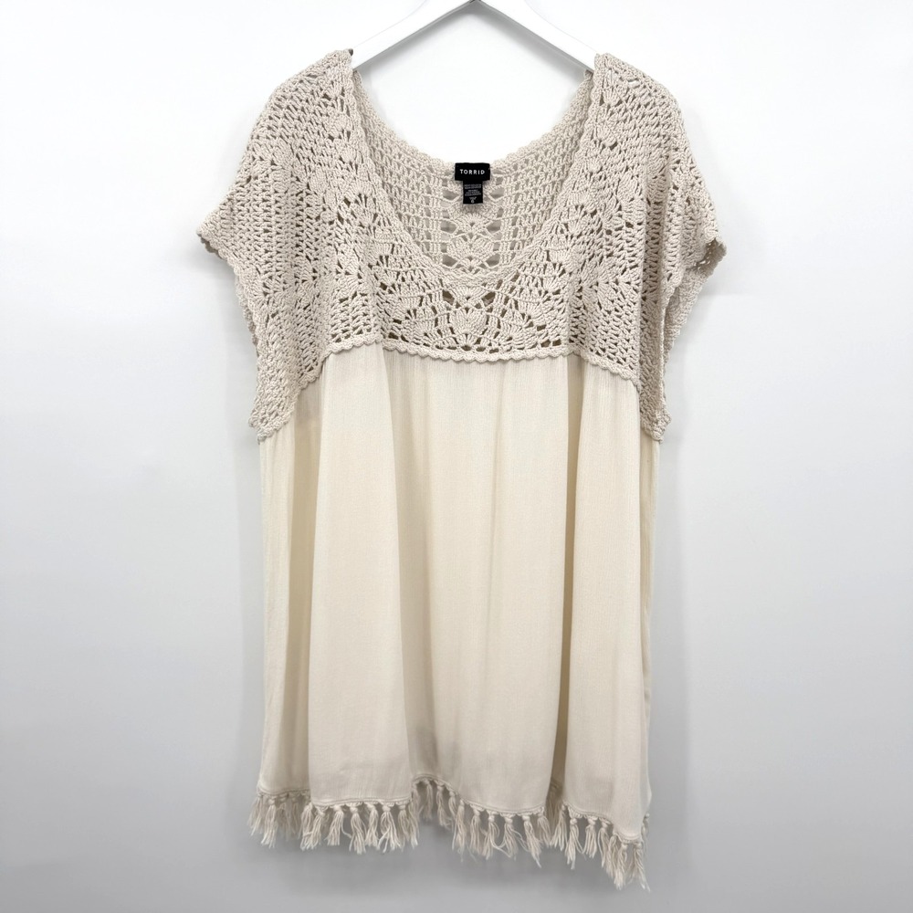 Torrid Tunic Top Shirt Cover Up Plus Size 6X Crochet Fringe Coastal Ethereal